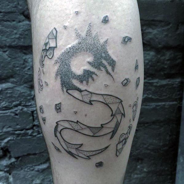 Male Simple Geometric Dragon Tattoo Design Inspiration On Leg Calf