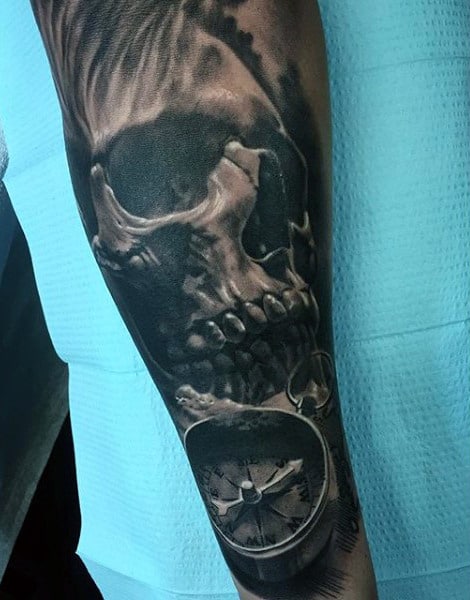 Male Skull Half Sleeve Tattoos With Compass 3d Design