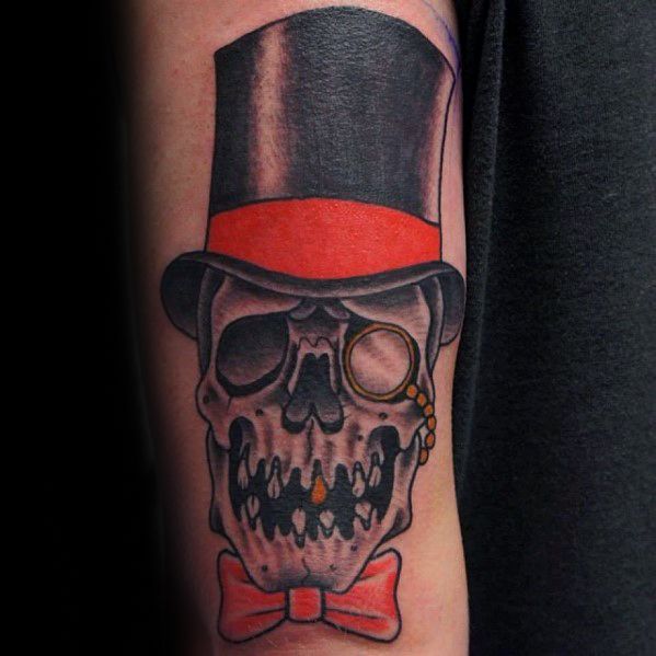 Male Skull With Top Hat Arm Tattoo Ideas