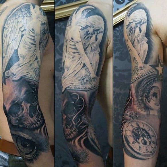 Male Sleeves Guardian Angel Timepiece And Skull Tattoo
