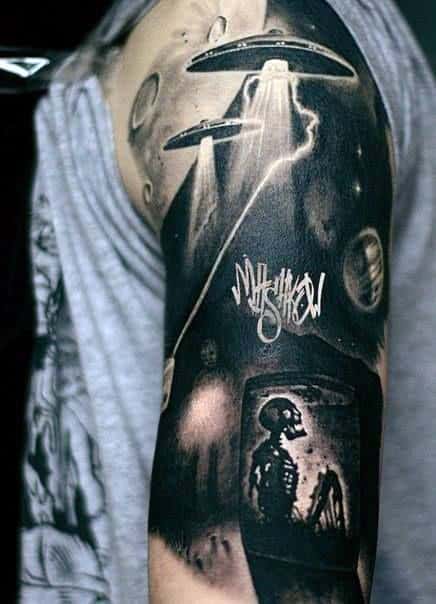 Male Sleeves Stunning Dark Skeleton And Space Shuttle Tattoo