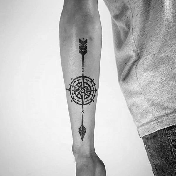 Male Small Arrow Nautical Star Compass Outer Forearm Tattoo Ideas