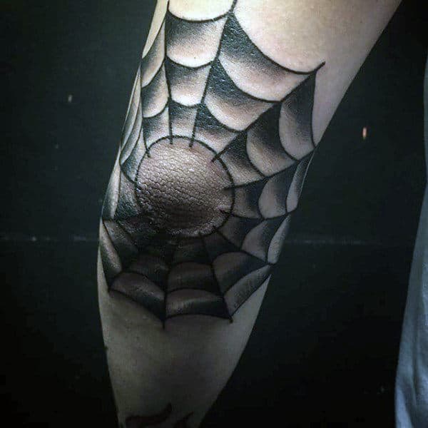 Male Spider Web On Elbow Tattoo