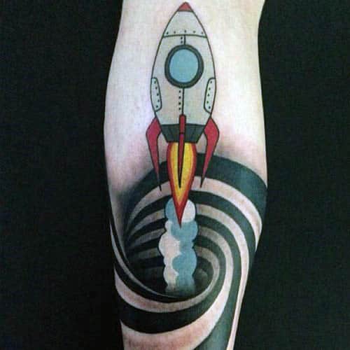 Male Spiral Rocket Ship Taking Off Optical Illusion Tattoos On Leg