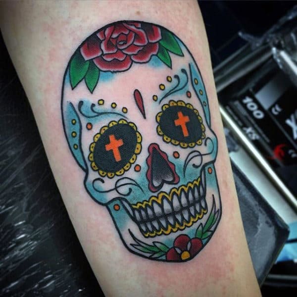 Male Sugar Skull And Roses Tattoo On Arm