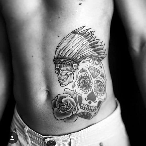 Male Sugar Skull Tattoo Design On Rib Cage Side Of Body