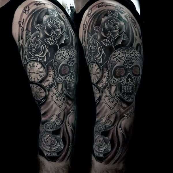 male-sugar-skull-tattoo-full-arm-sleeve-design