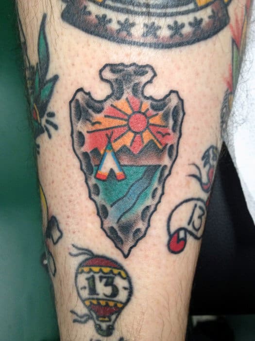 Male Sunlit Lake In Arrowhead Tattoo Arms