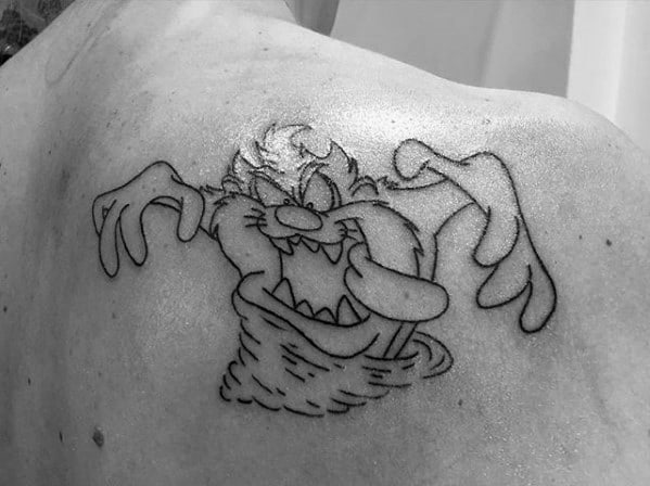 Male Tasmanian Devil Tattoo Design Inspiration Black Ink Outline Upper Back Shoulder Blade
