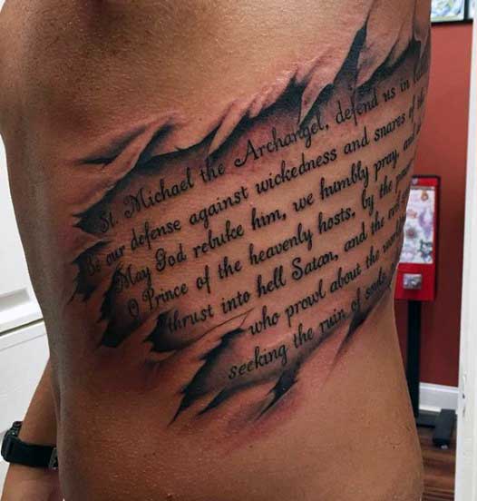 Male Tattoo Skin Rip On Rib Cage Side With Quote