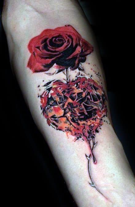 Male Tattoo With Broken Heart And Rose Flower Design On Inner Forearm