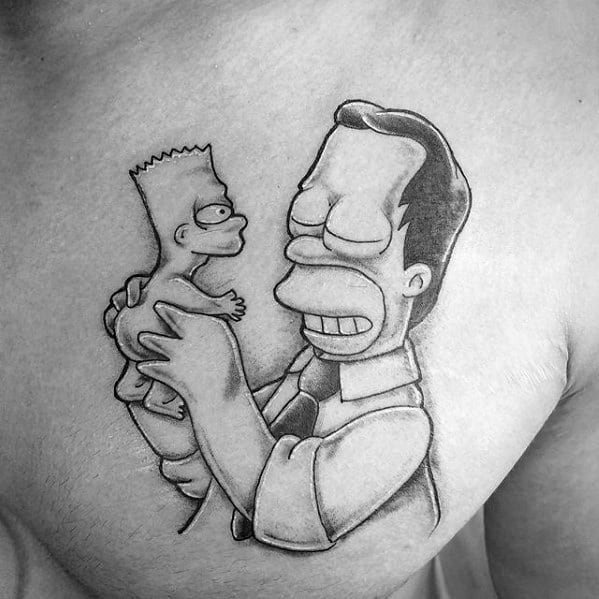 Male Tattoo With Homer Simpson Baby Bart Simpon Upper Chest Design