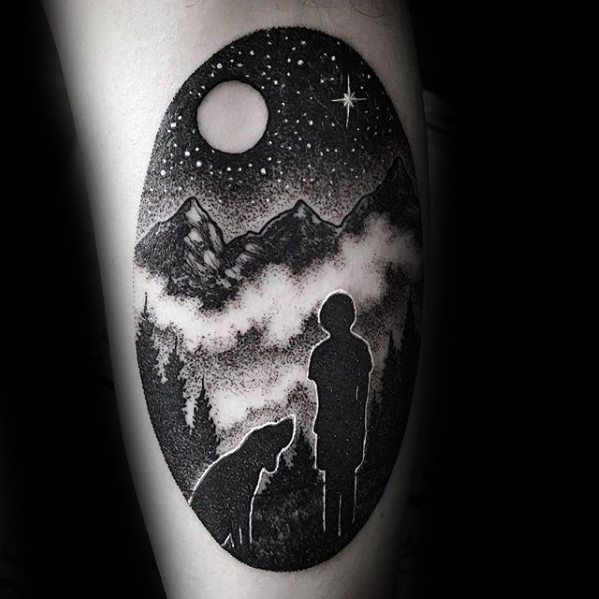 Male Tattoo With Incredible Design Of Child And Dog Staring At Night Sky On Arm