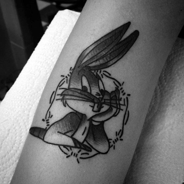 Male Tattoo With Looney Tunes Design Small Bugs Bunny Forearm
