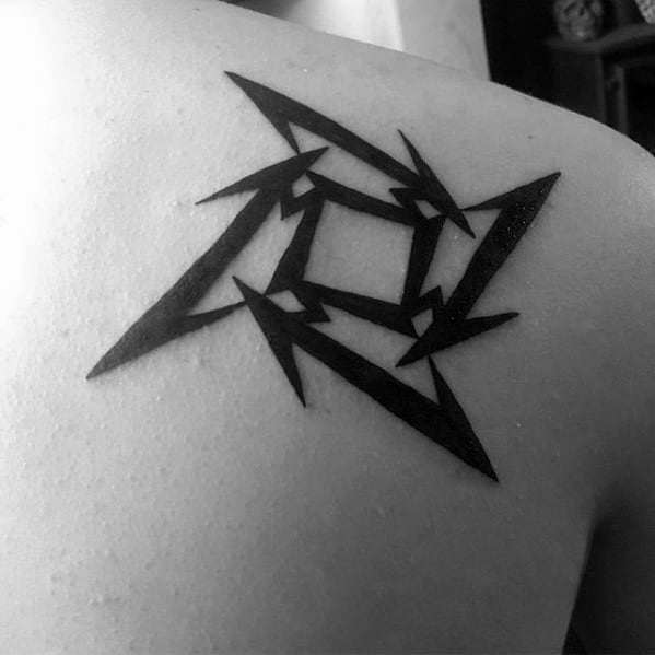 Male Tattoo With Metallica Design On Shoulder Blade