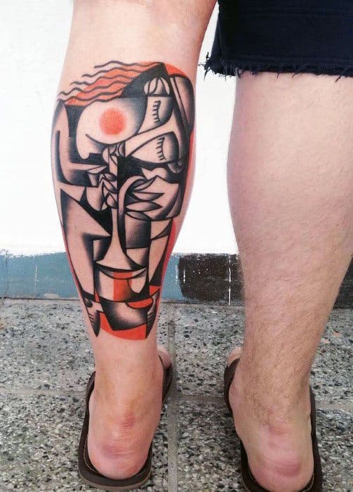 Male Tattoo With Pablo Picasso Design On Back Of Leg