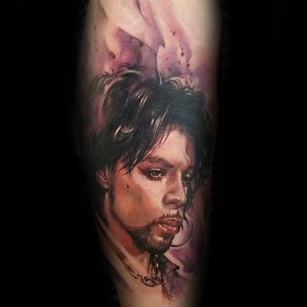 Male Tattoo With Prince Watercolor Design On Leg