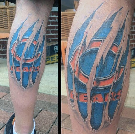 Male Tattoo With Ripped Skin Leg Chicago Bears Design