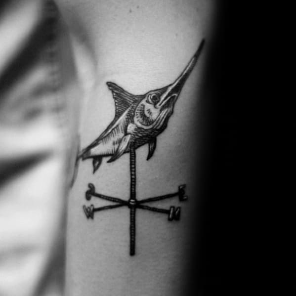 Male Tattoo With Swordfish Lighting Rod Leg Design