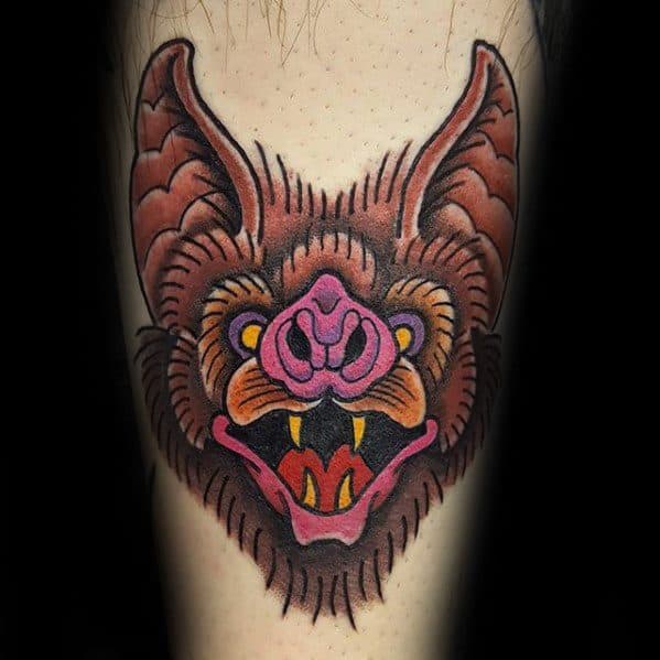 Male Tattoo With Traditional Bat Design