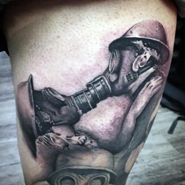 Male Thigh Gas Mask Tattoo Of Parent And Child