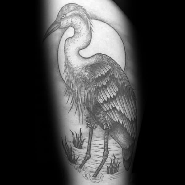 Male Thigh Shaded Heron Tattoo Ideas