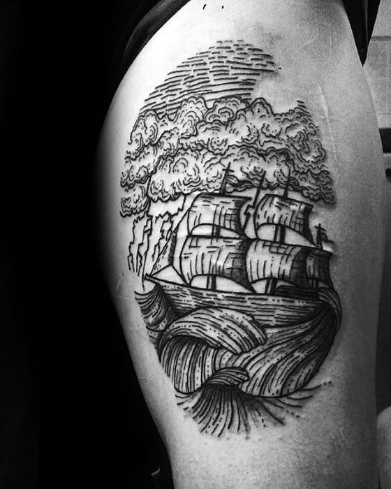 Male Thigh Woodcut Thunderstorm Tattoo Design Inspiration