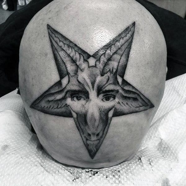 Male Tonsured Head Beast In Grey Pentagram Tattoo