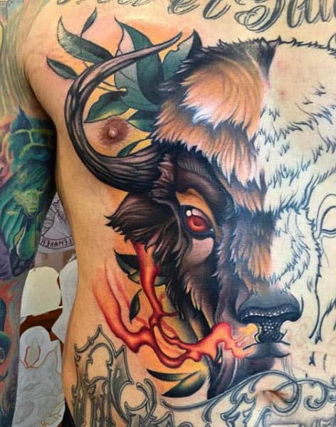 Male Torso Phenomenal Horned Beast Neo Traditional Tattoo