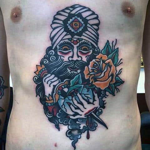 Male Traditional Fortune Teller Crystal Ball Stomach Tattoo Ideas