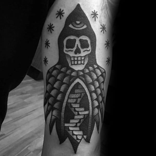 Male Traditional Grim Reaper Staircase Inner Arm Bicep Tattoo Ideas