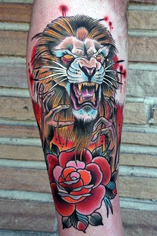 Male Traditional Lion With Rose Flower Leg Tattoo