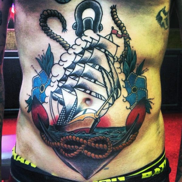 Male Traditional Ship Anchor Stomach And Chest Tattoos