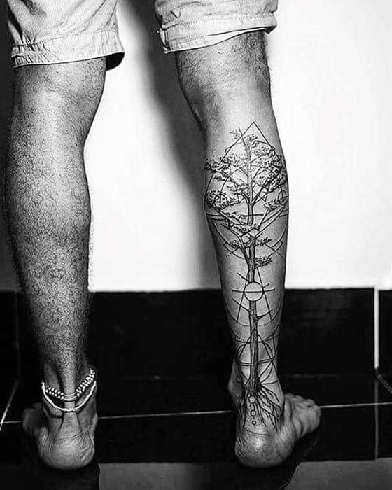 Male Tree Geometric Leg Tattoo Ideas