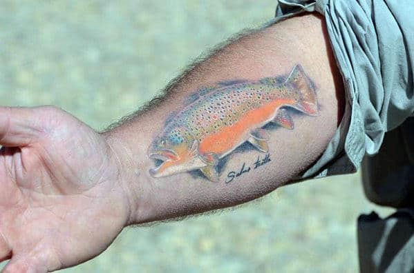 Male Trout Inner Forearm Memorial Tattoo Ideas