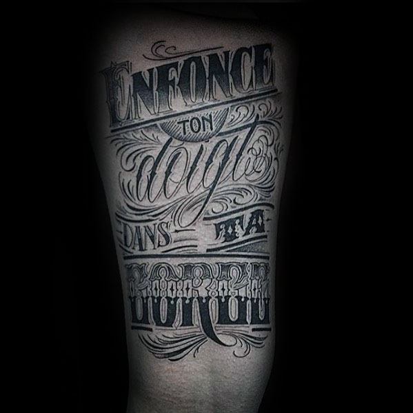 Male Typography Tattoo Thigh