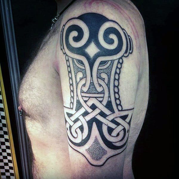 Male Upper Arm Celtic Knot Black Ink Tattoo With Dotwork Design