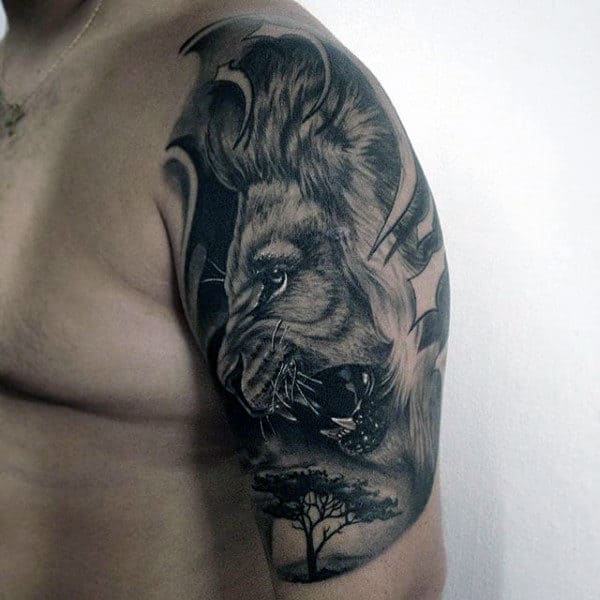 Male Upper Arms Angry Black And Grey Lion Tattoo