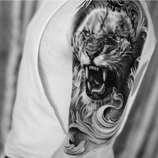 Male Upper Arms Black And Grey Ferocious Lion Tattoo