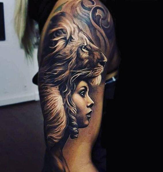 Male Upper Arms Black And White Lion Lady Tattoo