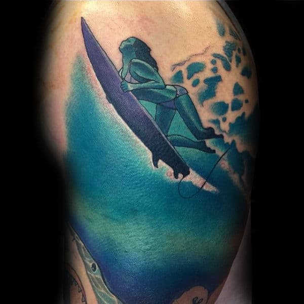 Male Upper Arms Blue Lady And Surf Board Tattoo