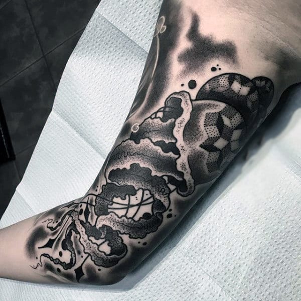 Male Upper Arms Dichrome Jellyfish Tattoo