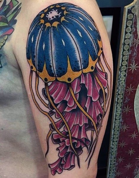 Male Upper Arms Umbrella Shaped Hooded Jellyfish Tattoo