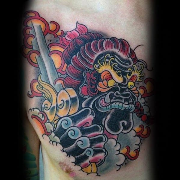 Male Upper Chest Tattoo With Fudo Myoo Design