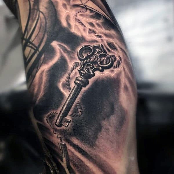 Male Vintage Key Tattoo Sleeve In Black Ink