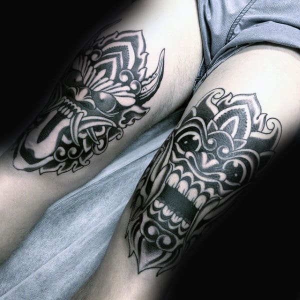 Male Wil Dotwork Mask Knee Tattoos