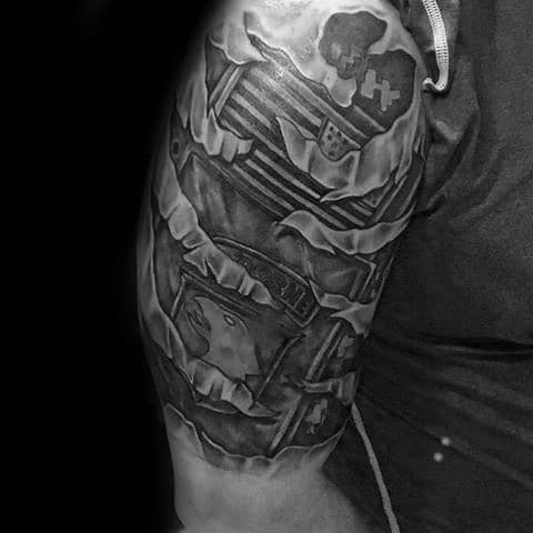 Male With 3d Airborne Tattoo Ripped Skin Design