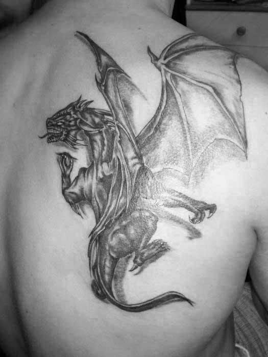 Male With 3d Dragon Flying Shoulder Blade Tattoo Design