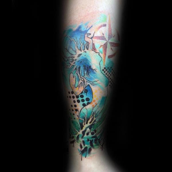 Male With Abstract Nautical Star Watercolor Leg Tattoo