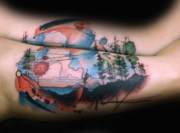 Male With Amazing Watercolor Tree Tattoo On Forearms